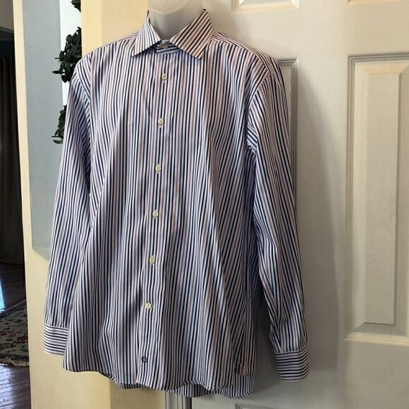 David Donahue Trim Dress shirt button down Men’s 17 34/35 White navy lavender - Picture 4 of 12